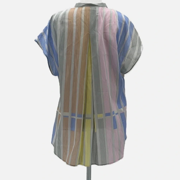 Akris Half Zip Multicolor Pastel Stripe Sheer Cotton Blouse - Size 10 (US) - Picture 5 of 9